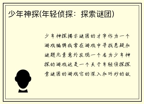 少年神探(年轻侦探：探索谜团)